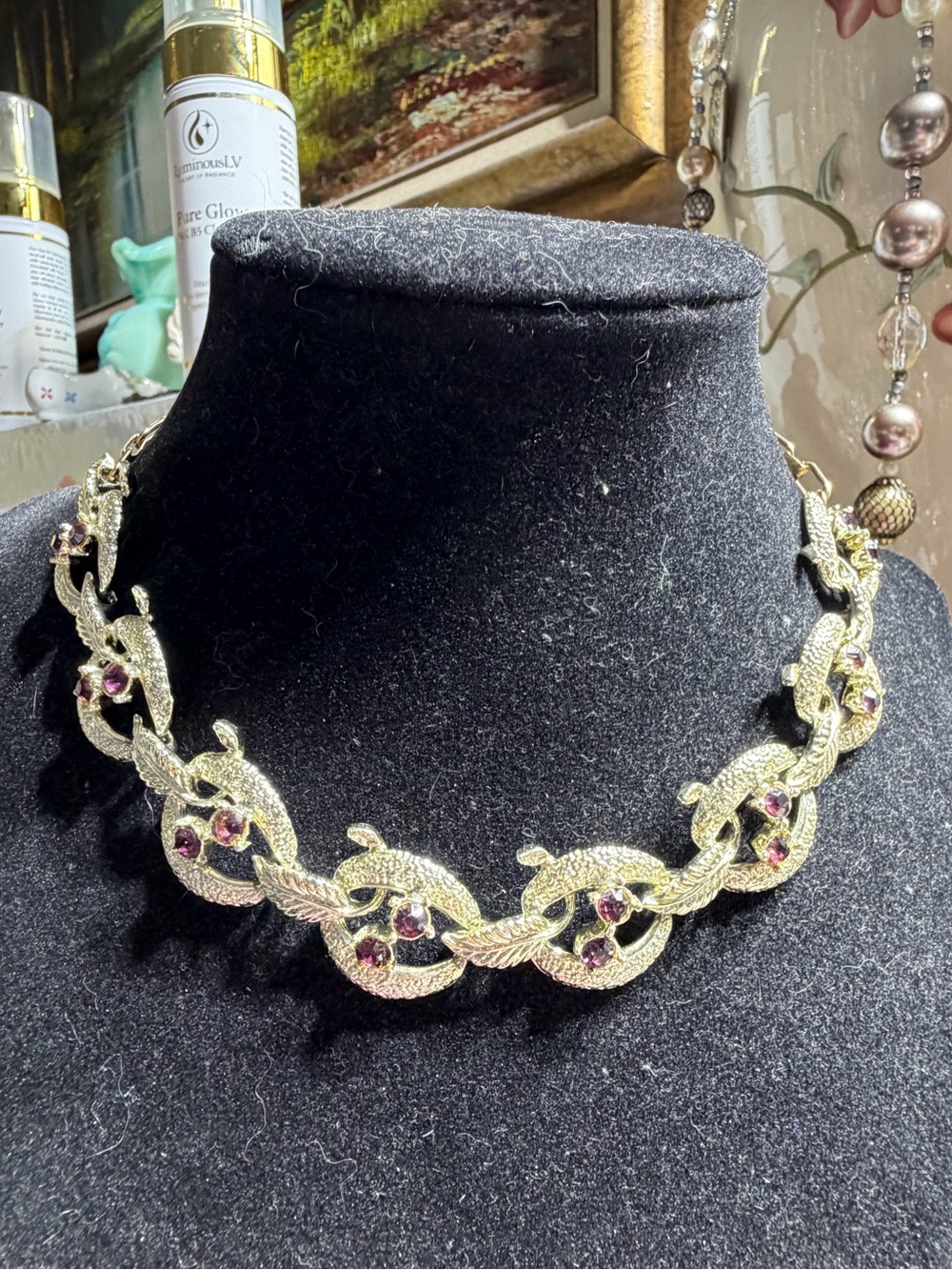 Vintage Gold Tone Necklace with Purple Stone Accents